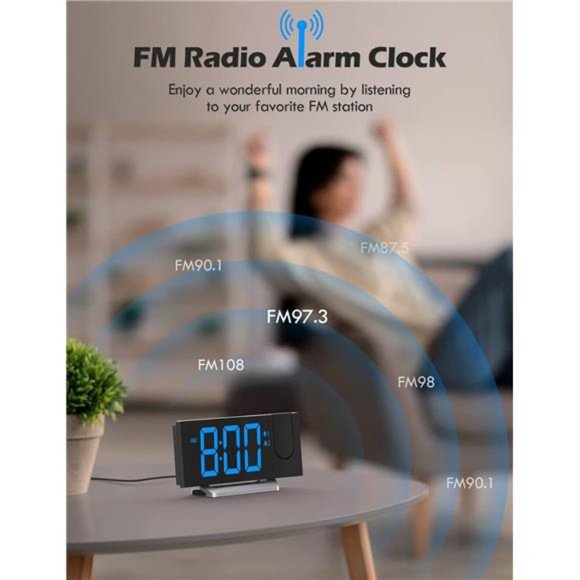 Projection Alarm Clock with FM Radio,USB Charging Port,0-100% Dimmer,Dual Alarms - Picture 5 of 5